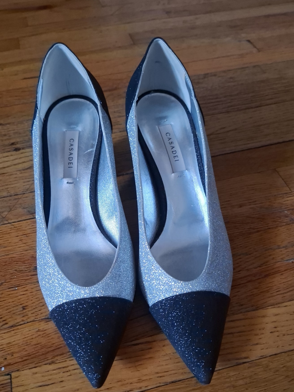 Casadei Silver and Black Glitter Pointed Pumps